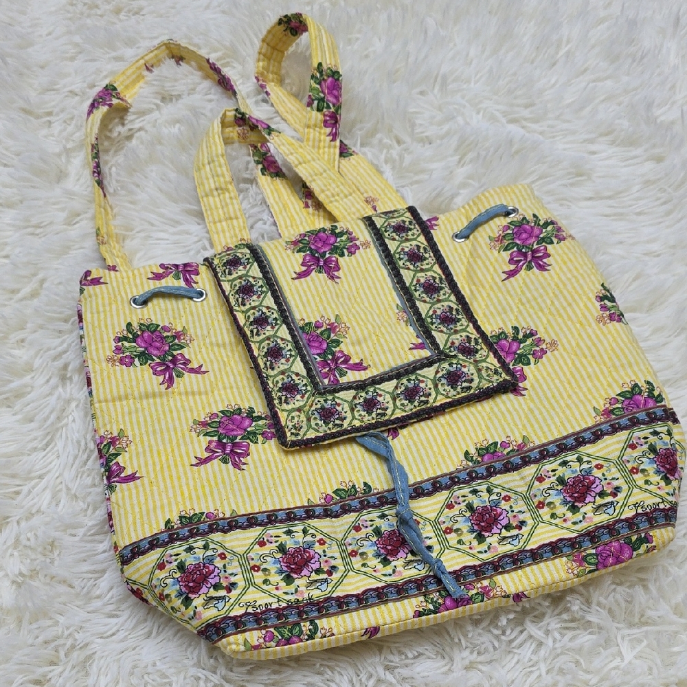Yellow Floral Cotton Tote Bag with Pink Bouquet Accents